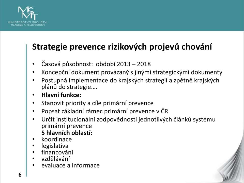 Hlavní funkce: Stanovit priority a cíle primární prevence Popsat základní rámec primární prevence v ČR Určit institucionální