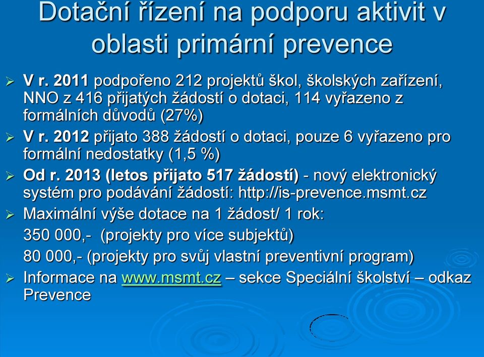 2012 přijato 388 žádostí o dotaci, pouze 6 vyřazeno pro formální nedostatky (1,5 %) Od r.