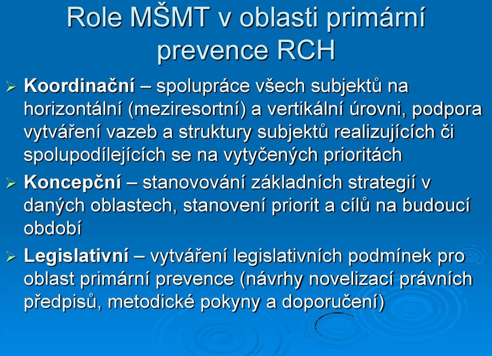 prioritách Koncepční stanovování základních strategií v daných oblastech, stanovení priorit a cílů na budoucí období