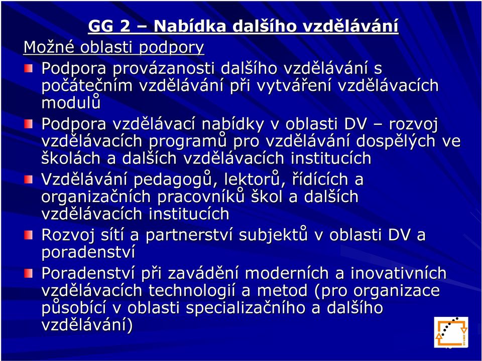 Vzdělávání pedagogů,, lektorů, řídících ch a organizačních pracovníků škol a další ších vzdělávac vacích ch institucích ch Rozvoj sítís a partnerství subjektů v oblasti DV a