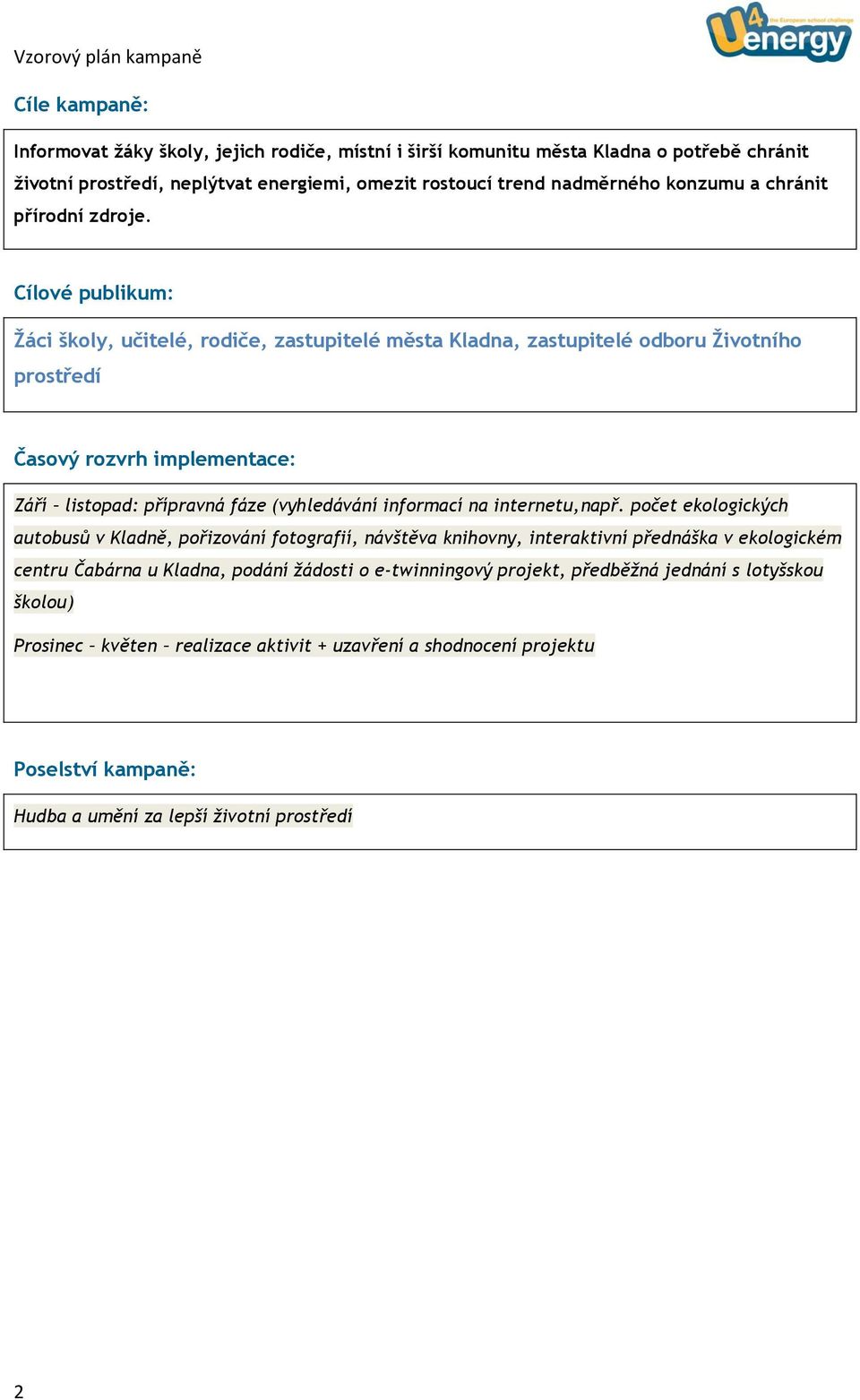 Cílové publikum: Žáci školy, učitelé, rodiče, zastupitelé města Kladna, zastupitelé odboru Životního prostředí Časový rozvrh implementace: Září listopad: přípravná fáze (vyhledávání informací