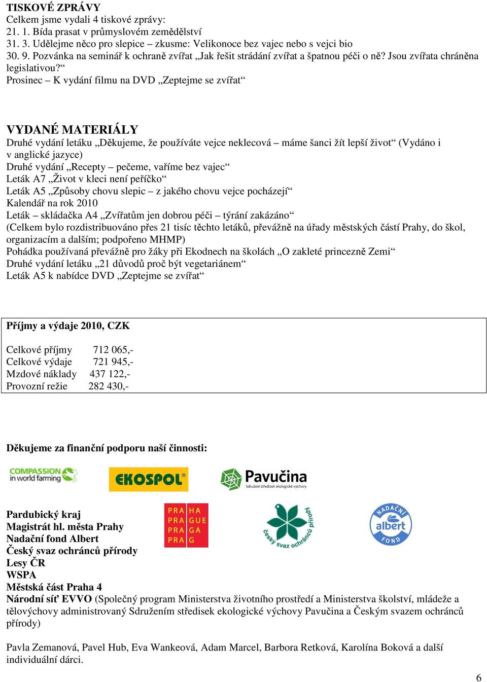 Prosinec K vydání filmu na DVD Zeptejme se zvířat VYDANÉ MATERIÁLY Druhé vydání letáku Děkujeme, že používáte vejce neklecová máme šanci žít lepší život (Vydáno i v anglické jazyce) Druhé vydání