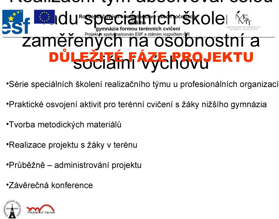 speciálních školení realizačního týmu u profesionálních organizací Praktické osvojení aktivit pro terénní cvičení s žáky