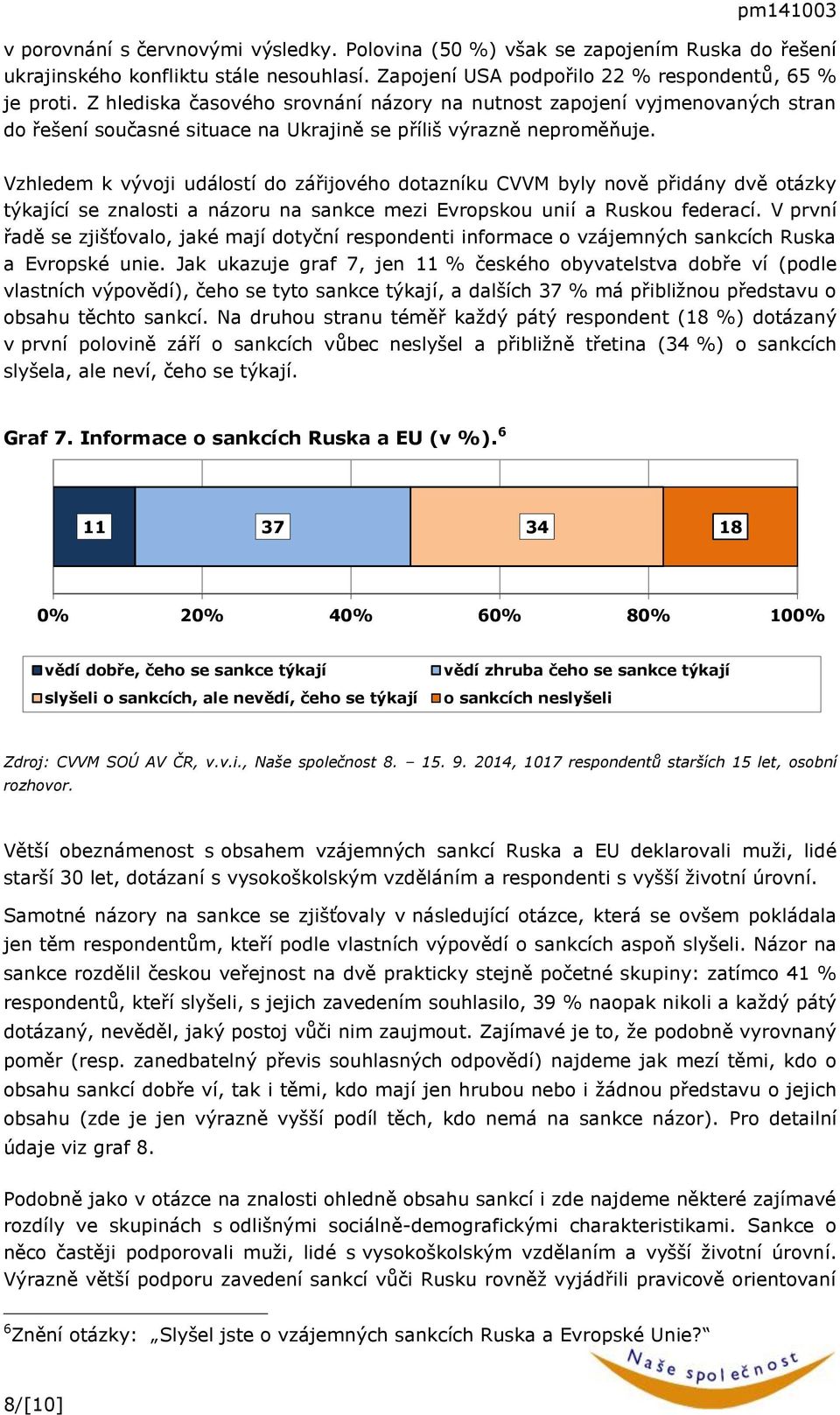 Vzhledem k vývoji událostí do zářijového dotazníku CVVM byly nově přidány dvě otázky týkající se znalosti a názoru na sankce mezi Evropskou unií a Ruskou federací.