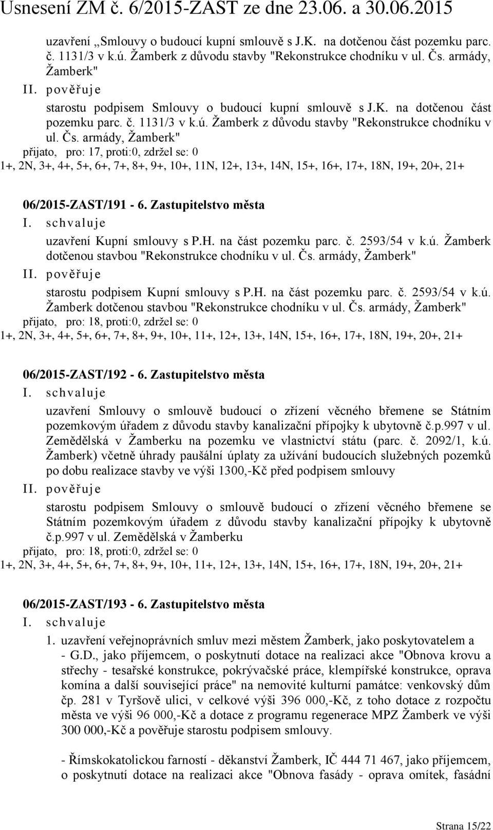 armády, Žamberk" přijato, pro: 17, proti:0, zdržel se: 0 1+, 2N, 3+, 4+, 5+, 6+, 7+, 8+, 9+, 10+, 11N, 12+, 13+, 14N, 15+, 16+, 17+, 18N, 19+, 20+, 21+ 06/2015-ZAST/191-6.