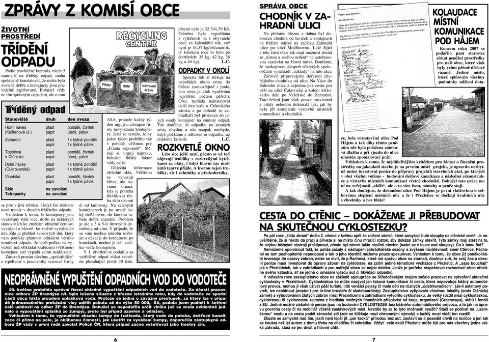 ) papír úter, pátek Zahradní plast1x t dnû pondûlí papír 1x t dnû pátek Topolová plast pondûlí, ãtvrtek x Ctûnická papír úter, pátek Dolní náves plast1x t dnû pondûlí (Cukrovarská) papír 1x t dnû