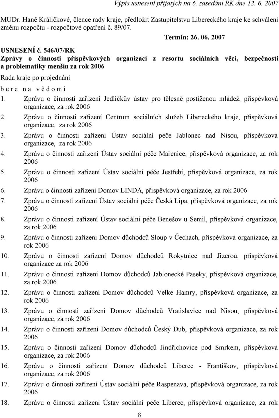 Zprávu o činnosti zařízení Jedličkův ústav pro tělesně postiženou mládež, příspěvková organizace, za rok 2006 2.