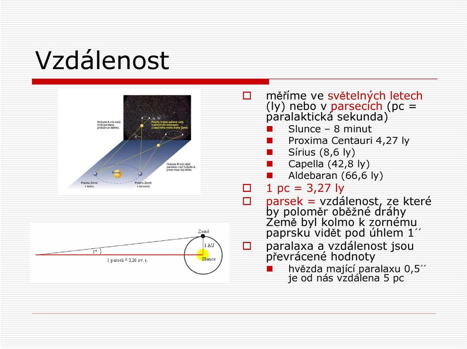 parsek = vzdálenost, ze které by poloměr oběžné dráhy Země byl kolmo k zornému paprsku vidět pod