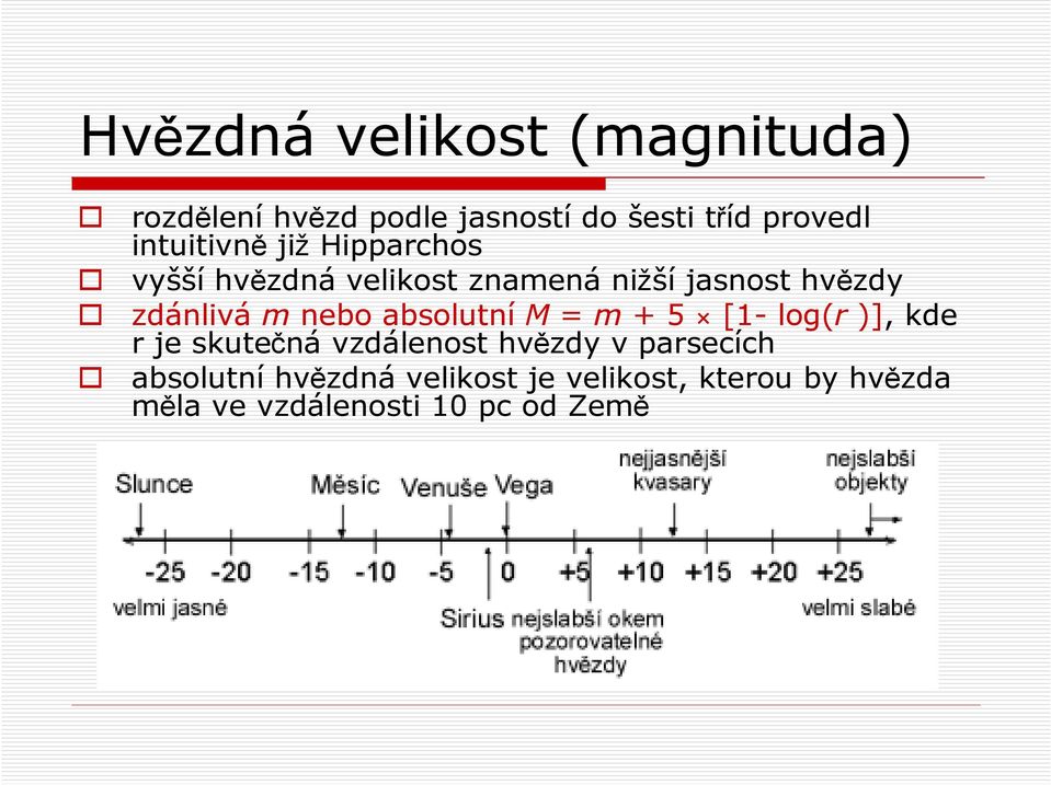 m nebo absolutní M = m + 5 [1- log(r )], kde r je skutečná vzdálenost hvězdy v