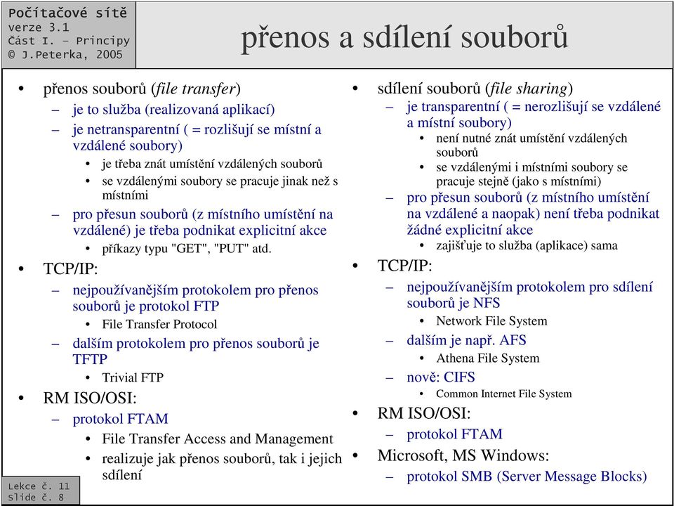 TCP/IP: nejpoužívanjším protokolem pro penos soubor je protokol FTP File Transfer Protocol dalším protokolem pro penos soubor je TFTP Trivial FTP RM ISO/OSI: protokol FTAM File Transfer Access and