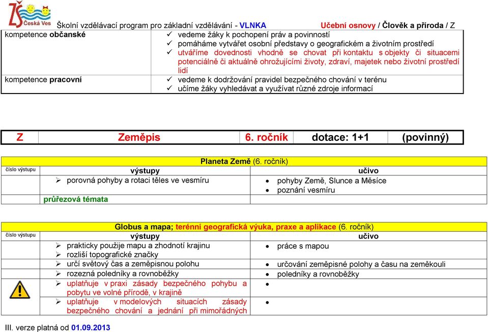 využívat různé zdroje informací Z Zeměpis 6. ročník dotace: 1+1 (povinný) Planeta Země (6.