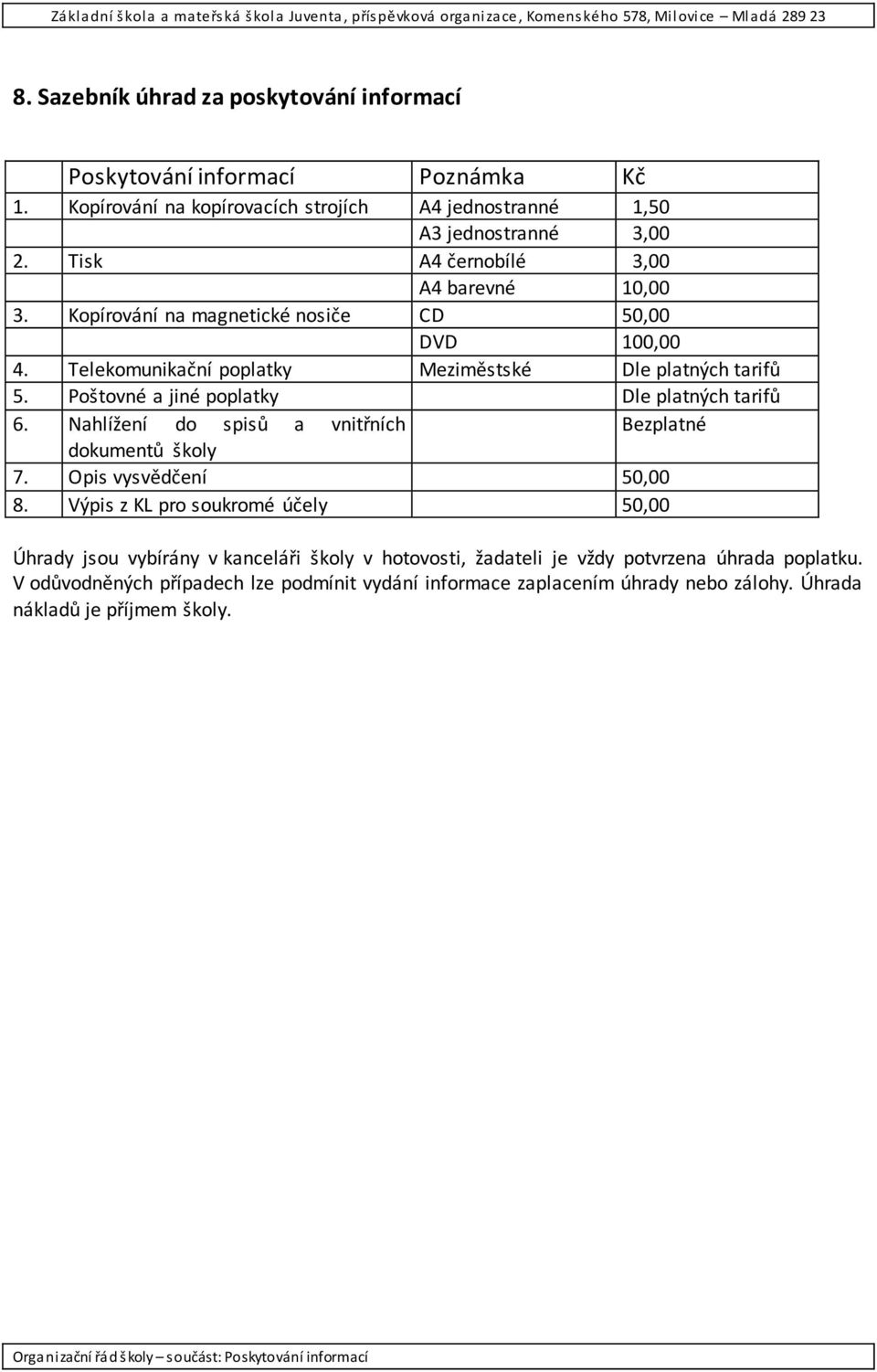 Poštovné a jiné poplatky Dle platných tarifů 6. Nahlížení do spisů a vnitřních Bezplatné dokumentů školy 7. Opis vysvědčení 50,00 8.