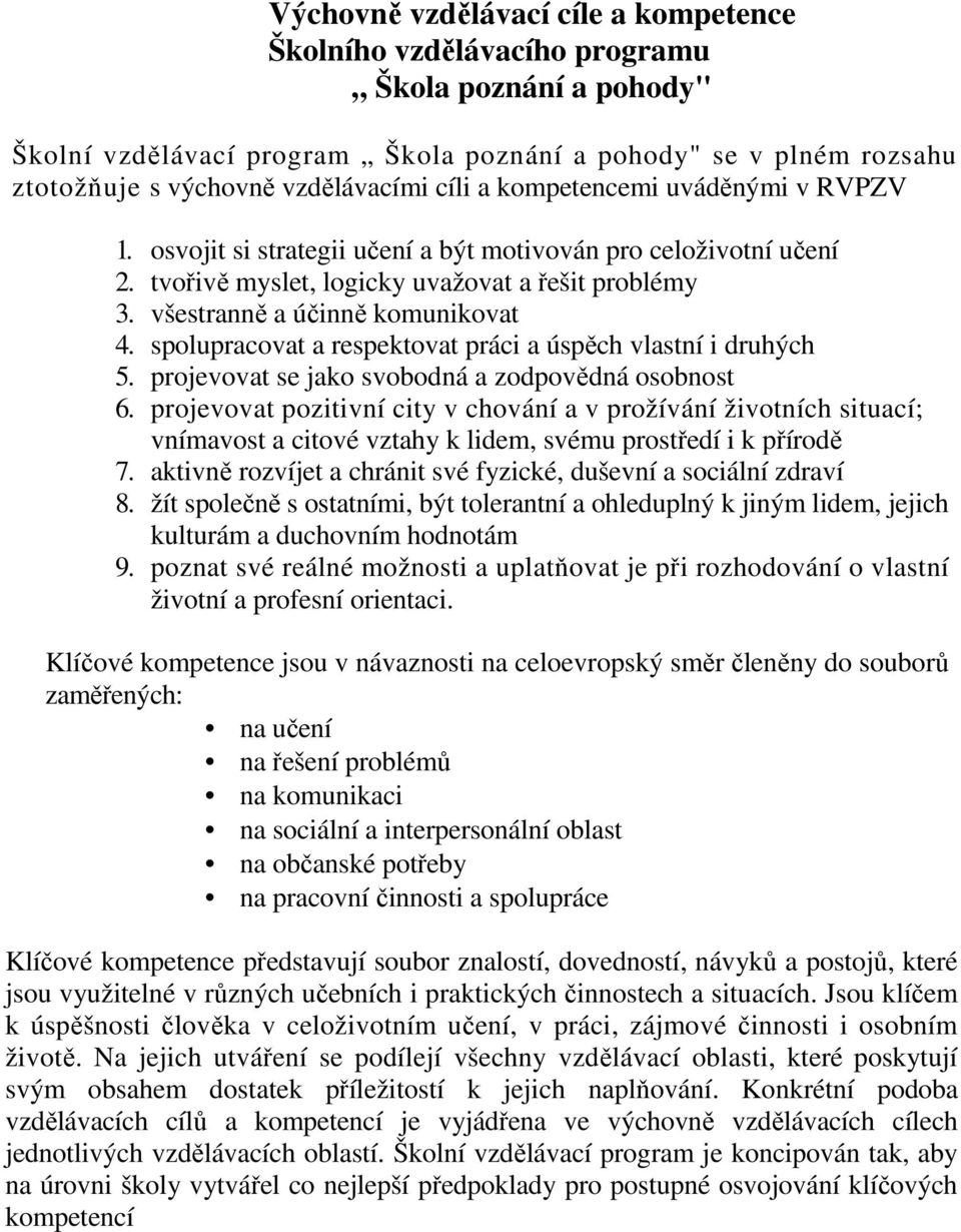 spolupracovat a respektovat práci a úspěch vlastní i druhých 5. projevovat se jako svobodná a zodpovědná osobnost 6.