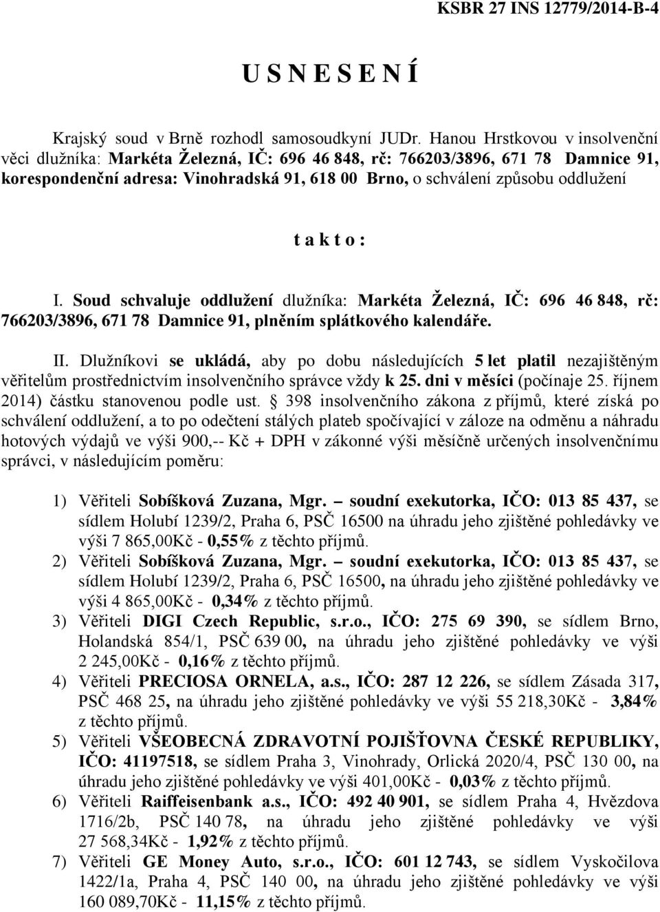 k t o : I. Soud schvaluje oddlužení dlužníka: Markéta Železná, IČ: 696 46 848, rč: 766203/3896, 671 78 Damnice 91, plněním splátkového kalendáře. II.