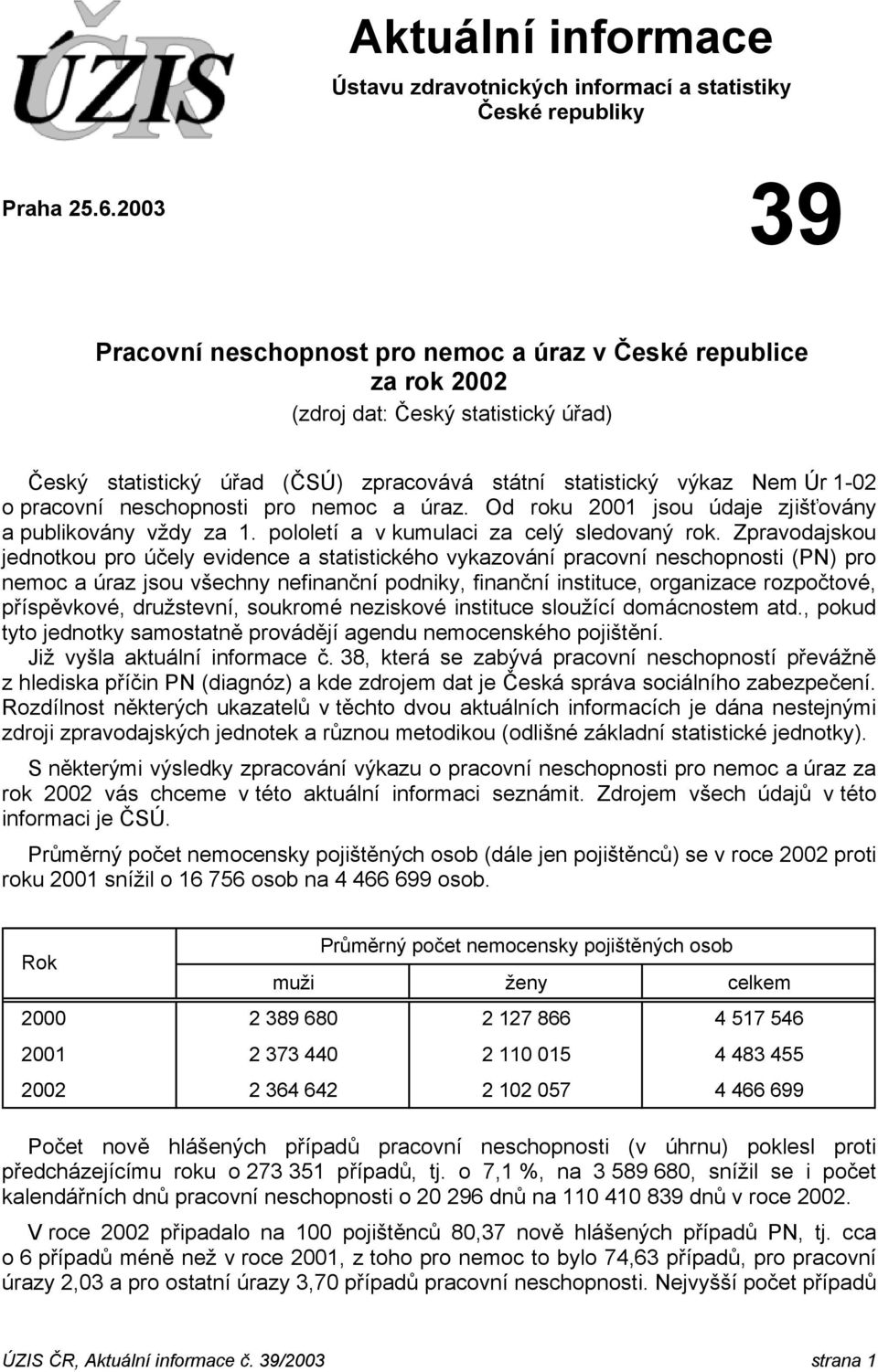 neschopnosti pro nemoc a úraz. Od roku 2001 jsou údaje zjišťovány a publikovány vždy za 1. pololetí a v kumulaci za celý sledovaný rok.