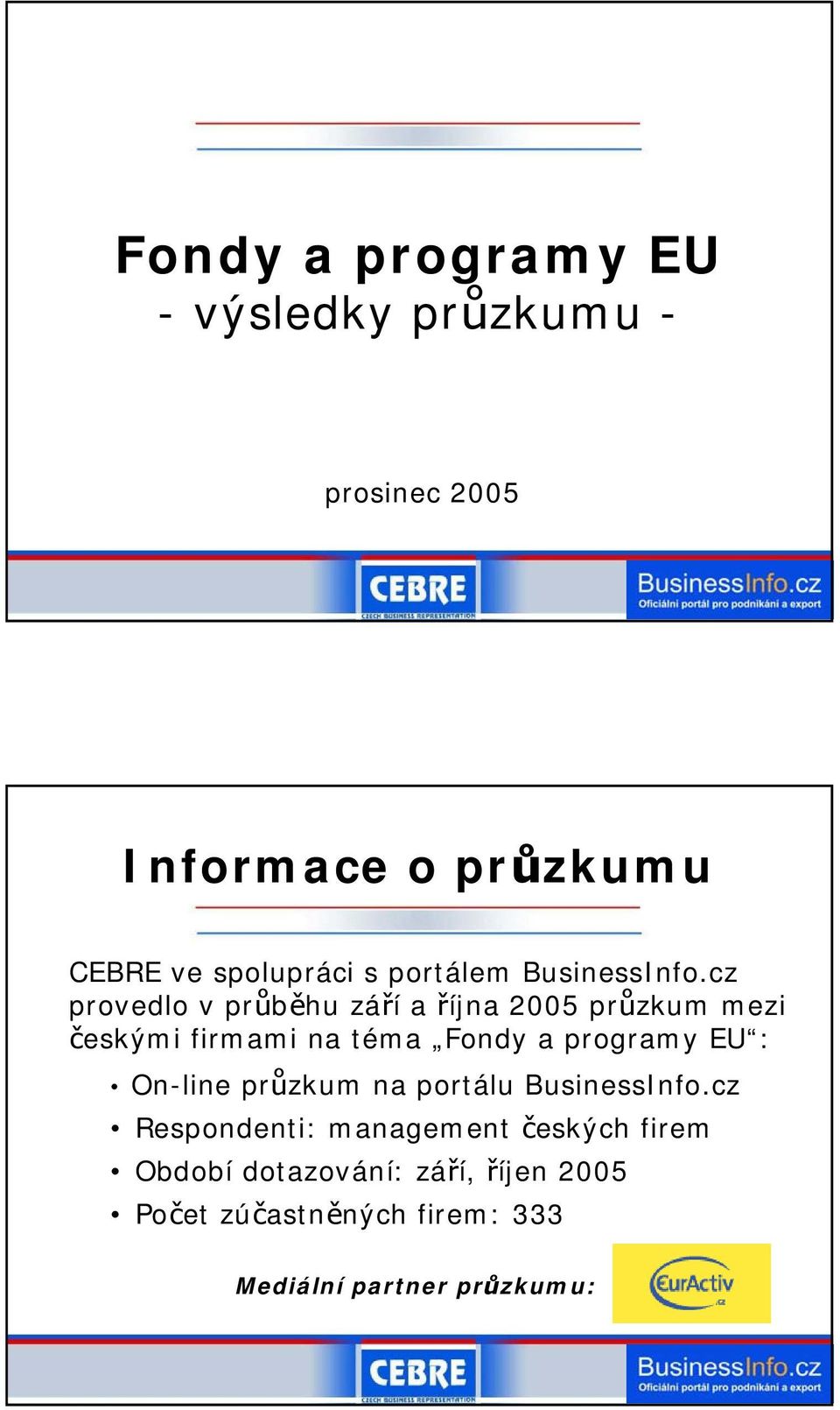 cz provedlo v průběhu září a října 2005 průzkum mezi českými firmami na téma Fondy a programy EU :