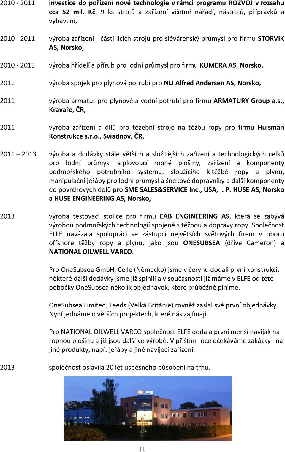 hřídelí a přírub pro lodní průmysl pro firmu KUMERA AS, Norsko, 2011 výroba spojek pro plynová potrubí pro NLI Alfred Andersen AS, Norsko, 2011 výroba armatur pro plynové a vodní potrubí pro firmu