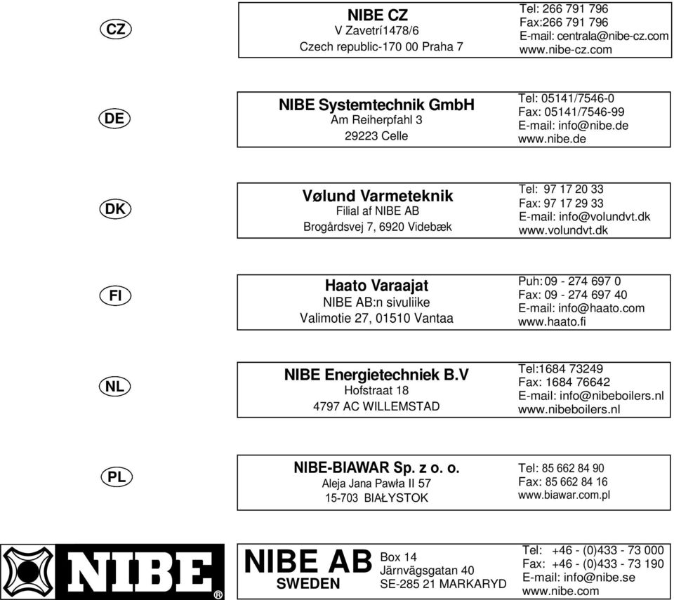 dk www.volundvt.dk FI Haato Varaajat NIBE AB:n sivuliike Valimotie 27, 01510 Vantaa Puh: 09-274 697 0 Fax: 09-274 697 40 E-mail: info@haato.com www.haato.fi NL NIBE Energietechniek B.