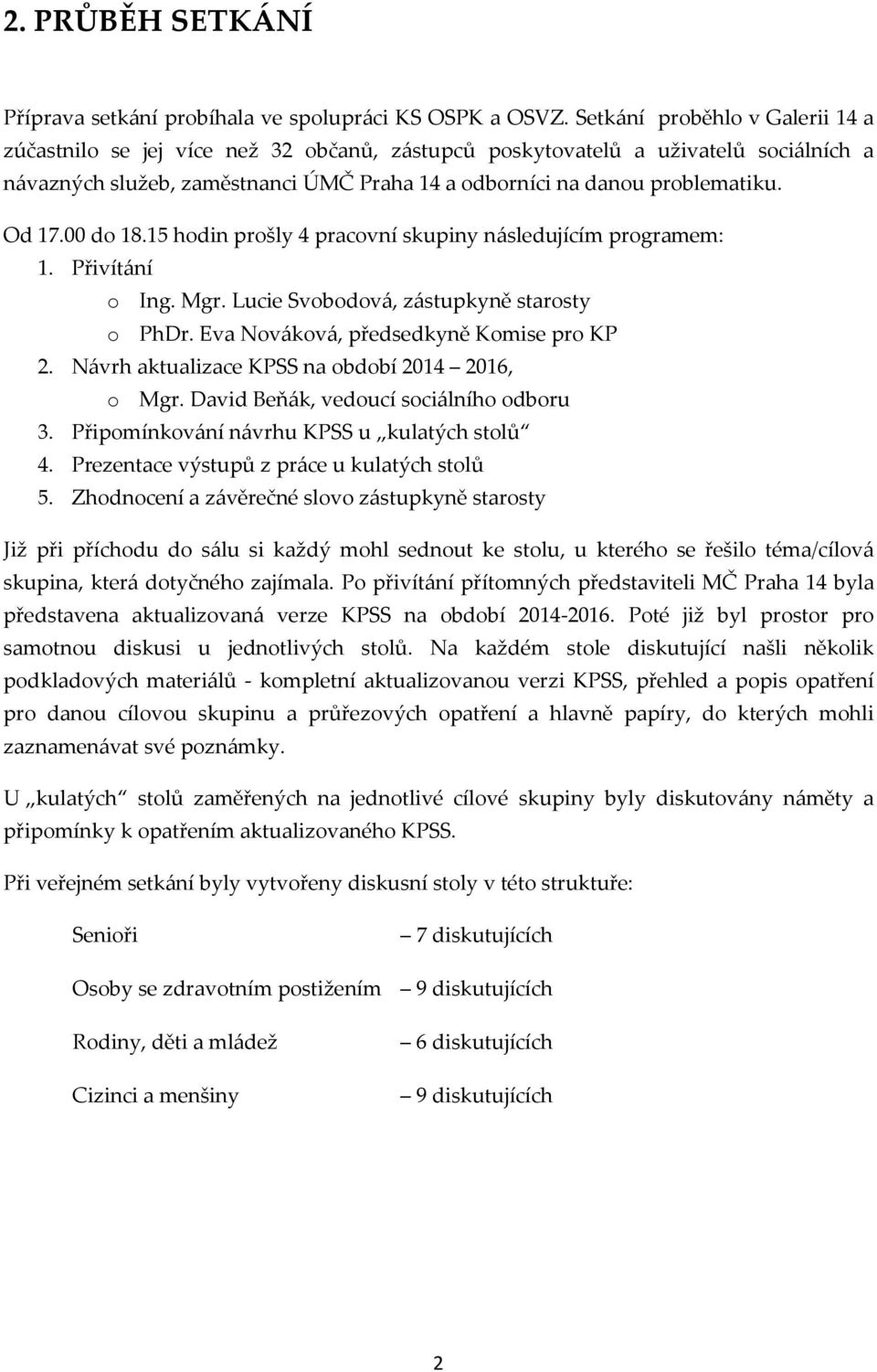 Od 17.00 do 18.15 hodin prošly 4 pracovní skupiny následujícím programem: 1. Přivítání o Ing. Mgr. Lucie Svobodová, zástupkyně starosty o PhDr. Eva Nováková, předsedkyně Komise pro KP 2.