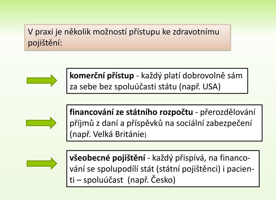 USA) financování ze státního rozpočtu - přerozdělování příjmů z daní a příspěvků na sociální