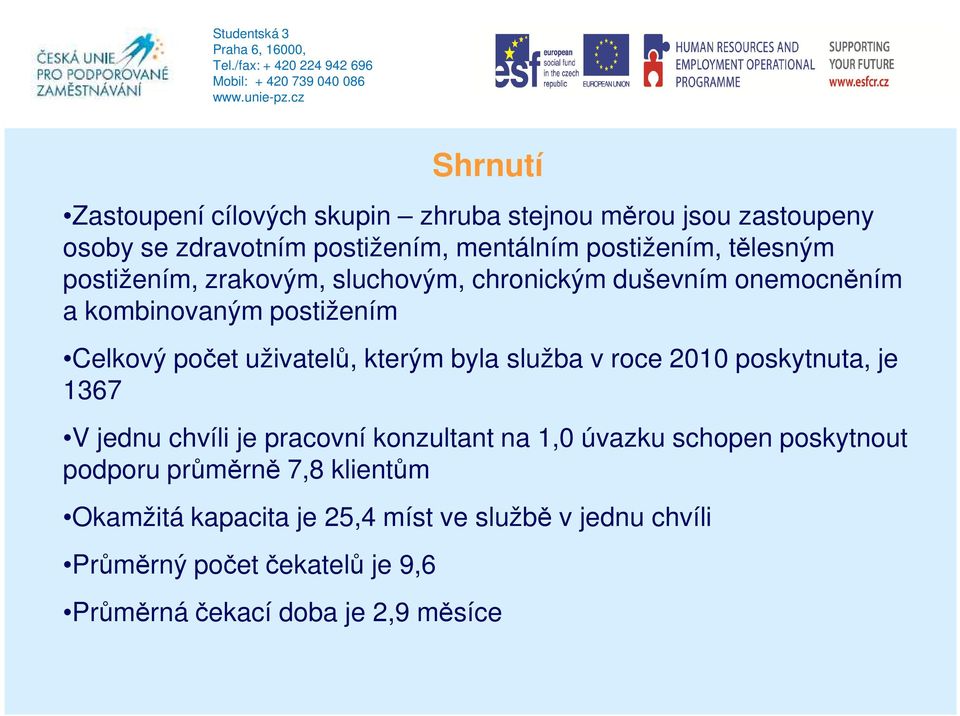 kterým byla služba v roce 2010 poskytnuta, je 1367 V jednu chvíli je pracovní konzultant na 1,0 úvazku schopen poskytnout podporu