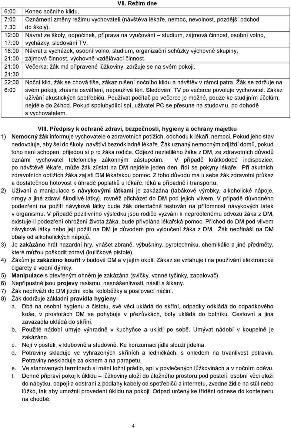 18:00 Návrat z vycházek, osobní volno, studium, organizační schůzky výchovné skupiny, 21:00 zájmová činnost, výchovně vzdělávací činnost.