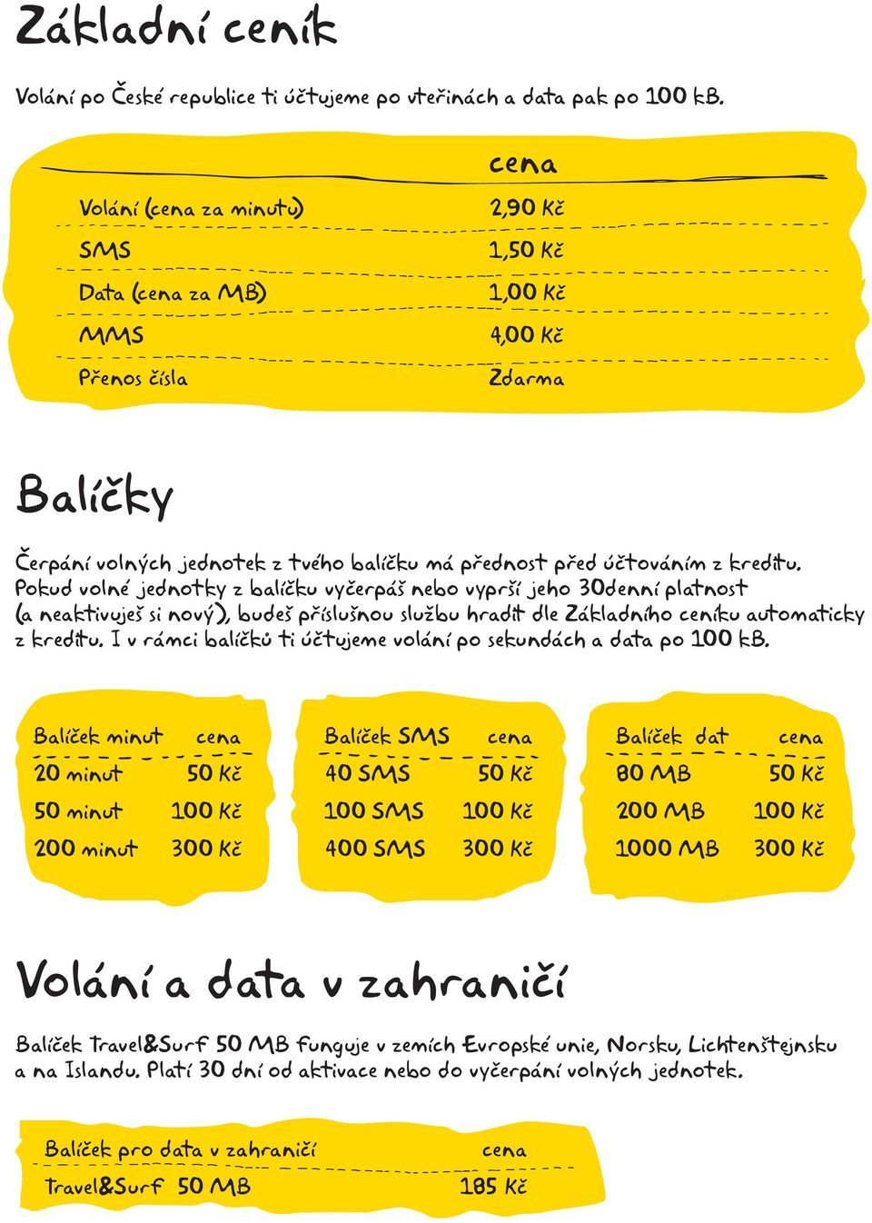 Pokud volné jednotky z balíčku vyčerpáš nebo vyprší jeho 30denní platnost (a neaktivuješ si nový), budeš příslušnou službu hradit dle Základního ceníku automaticky z kreditu.