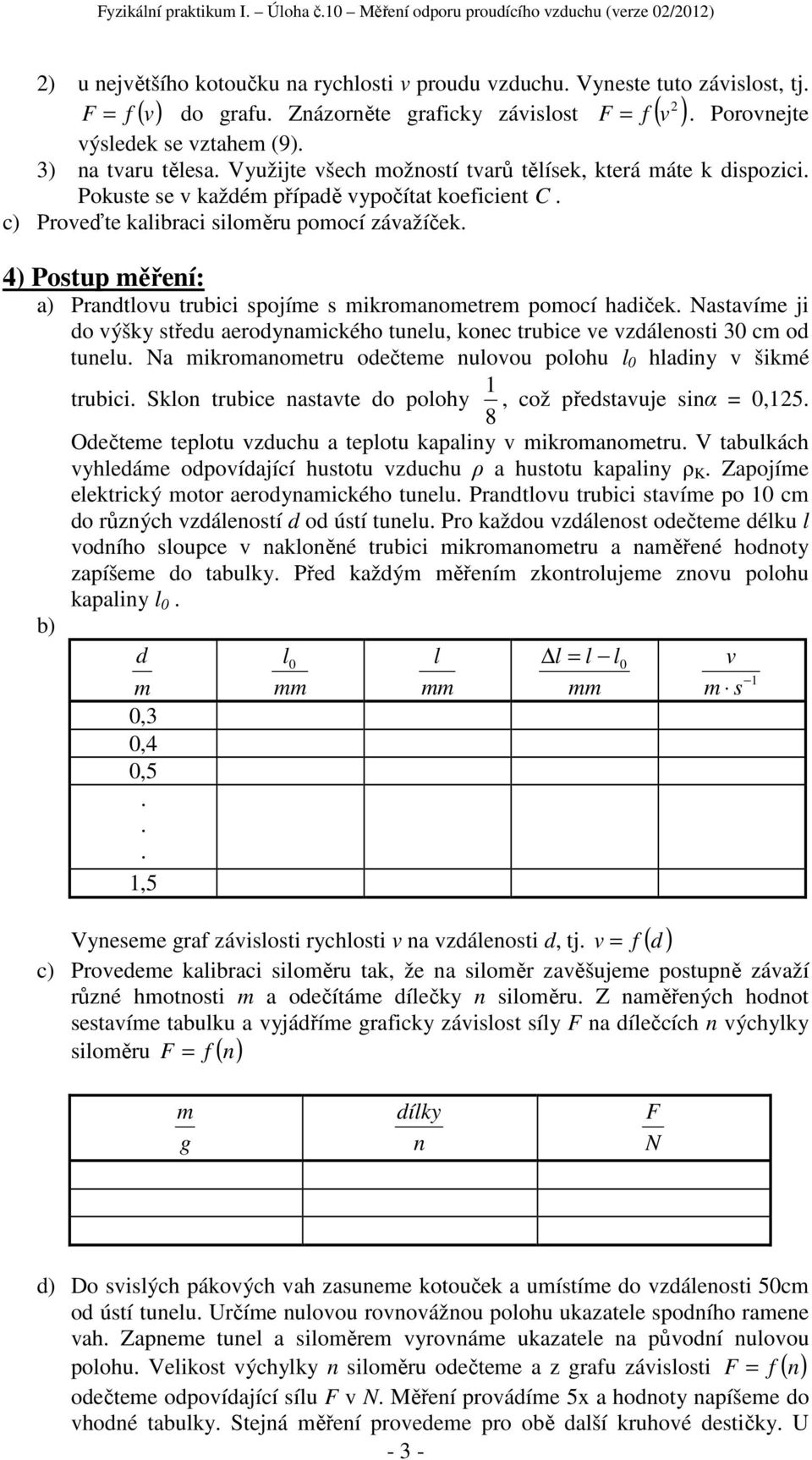 pojíe ikroaoetre poocí haiček ataíe ji o ýšky třeu aeroyaického tuelu, koec trubice e záleoti 30 c o tuelu a ikroaoetru oečtee uloou polohu l 0 hlaiy šiké trubici Sklo trubice atate o polohy 8 1, což