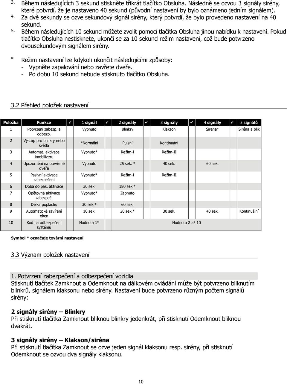 Pokud tlačítko Obsluha nestisknete, ukončí se za 10 sekund režim nastavení, což bude potvrzeno dvousekundovým signálem sirény * Režim nastavení lze kdykoli ukončit následujícími způsoby: - Vypněte