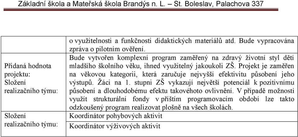 Projekt je zaměřen na věkovou kategorii, která zaručuje nejvyšší efektivitu působení jeho výstupů. Žáci na 1.