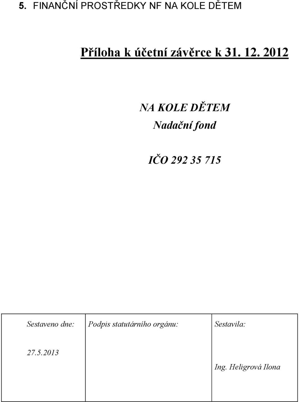 2012 NA KOLE DĚTEM Nadační fond IČO 292 35 715