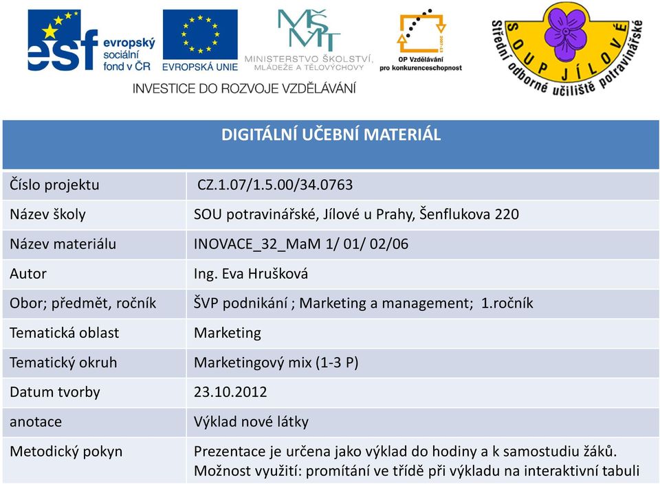 ročník Tematická oblast Ing. Eva Hrušková ŠVP podnikání; Marketing a management; 1.