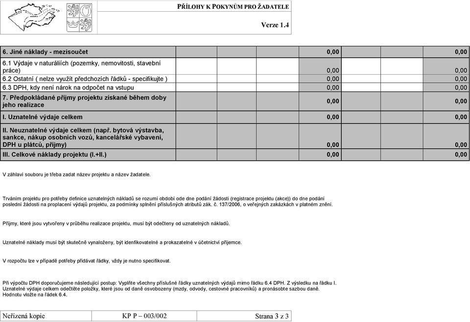 Neuznatelné výdaje celkem (např. bytová výstavba, sankce, nákup osobních vozů, kancelářské vybavení, DPH u plátců, příjmy) 0,00 0,00 III. Celkové náklady projektu (I.+II.