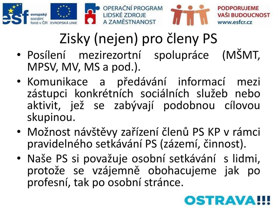 Komunikace a předávání informací mezi zástupci konkrétních sociálních služeb nebo aktivit, jež se zabývají