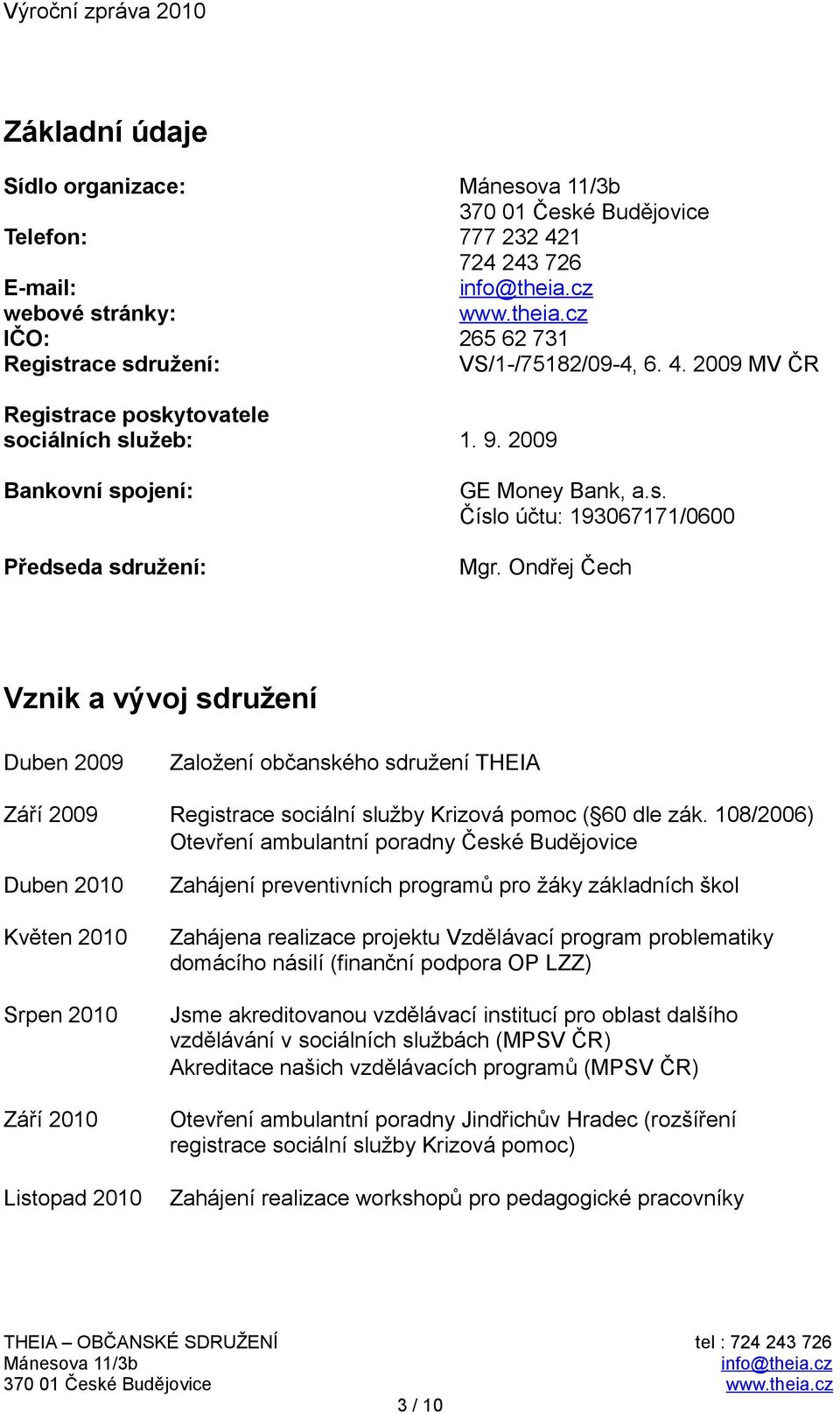 Ondřej Čech Vznik a vývoj sdružení Duben 2009 Založení občanského sdružení THEIA Září 2009 Registrace sociální služby Krizová pomoc ( 60 dle zák.