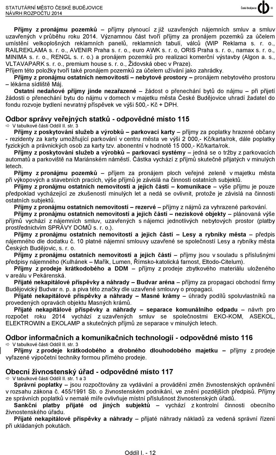 r. o, ORIS Praha s. r. o., namax s. r. o., MINIMA s. r. o., RENGL s. r. o.) a pronájem pozemků pro realizaci komerční výstavby (Algon a. s., VLTAVAPARK s. r. o., premium house s. r. o., Židovská obec v Praze).