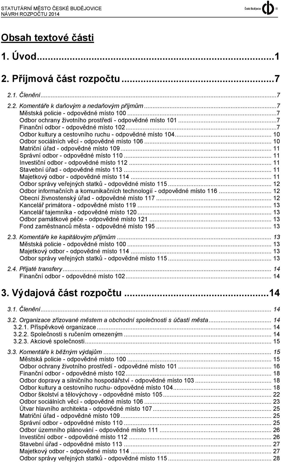 .. 10 Odbor sociálních věcí - odpovědné místo 106... 10 Matriční úřad - odpovědné místo 109... 11 Správní odbor - odpovědné místo 110... 11 Investiční odbor - odpovědné místo 112.