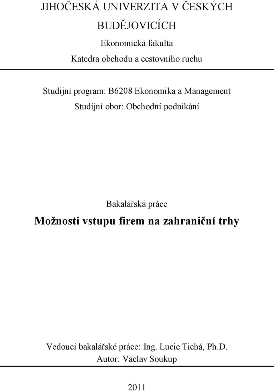 Studijní obor: Obchodní podnikání Bakalářská práce Možnosti vstupu firem na