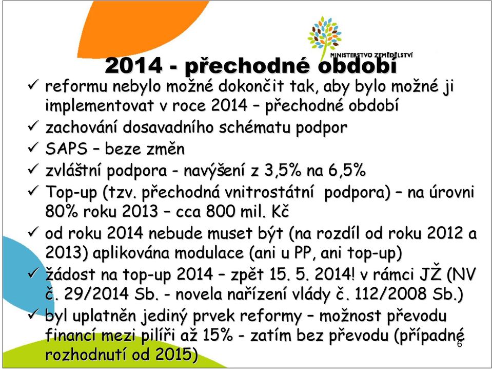 KčK od roku 2014 nebude muset být (na rozdíl l od roku 2012 a 2013) aplikována modulace (ani u PP, ani top-up) žádost na top-up 2014 zpět t 15. 5. 2014! v rámci r JŽ J (NV č.