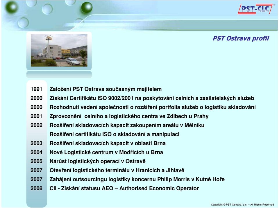 skladování a manipulaci 2003 Rozšíření skladovacích kapacit v oblasti Brna 2004 Nové Logistické centrum v Modřicích u Brna 2005 Nárůst logistických operací v Ostravě 2007 Otevření logistického