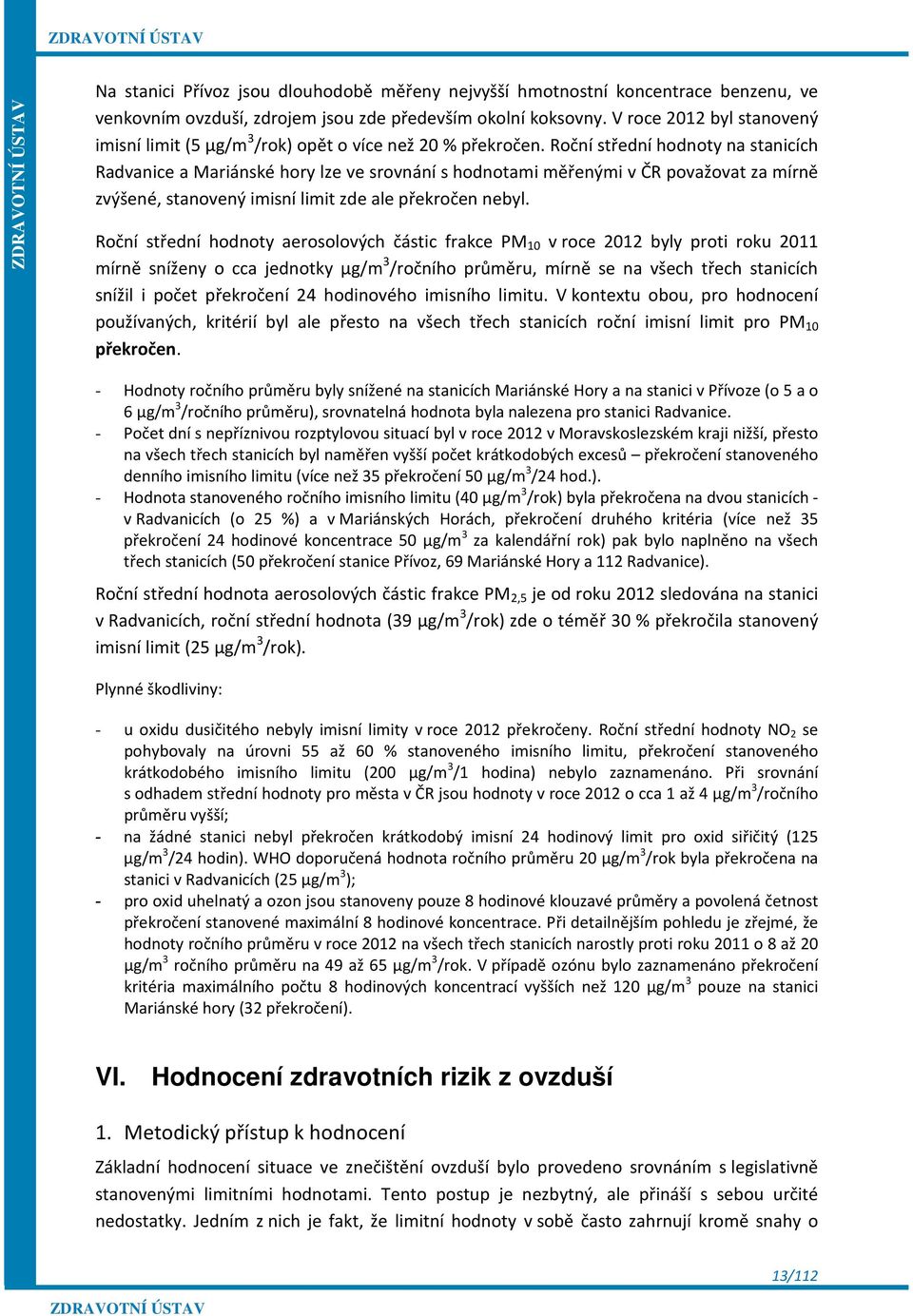 Roční střední hodnoty na stanicích Radvanice a Mariánské hory lze ve srovnání s hodnotami měřenými v ČR považovat za mírně zvýšené, stanovený imisní limit zde ale překročen nebyl.