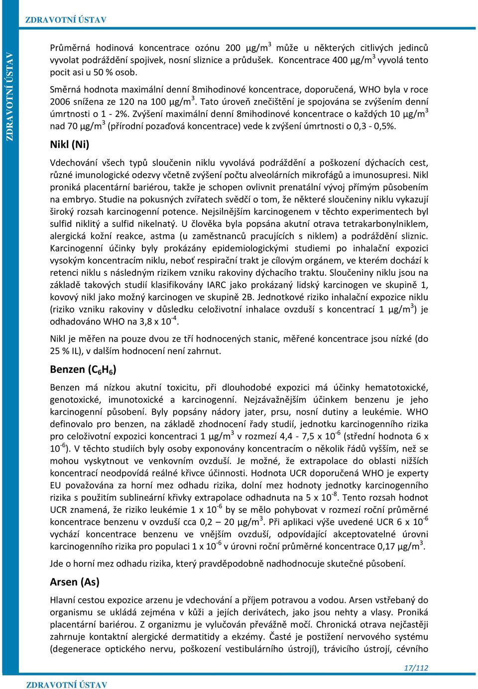 Zvýšení maximální denní 8mihodinové koncentrace o každých 10 µg/m 3 nad 70 µg/m 3 (přírodní pozaďová koncentrace) vede k zvýšení úmrtnosti o 0,3-0,5%.