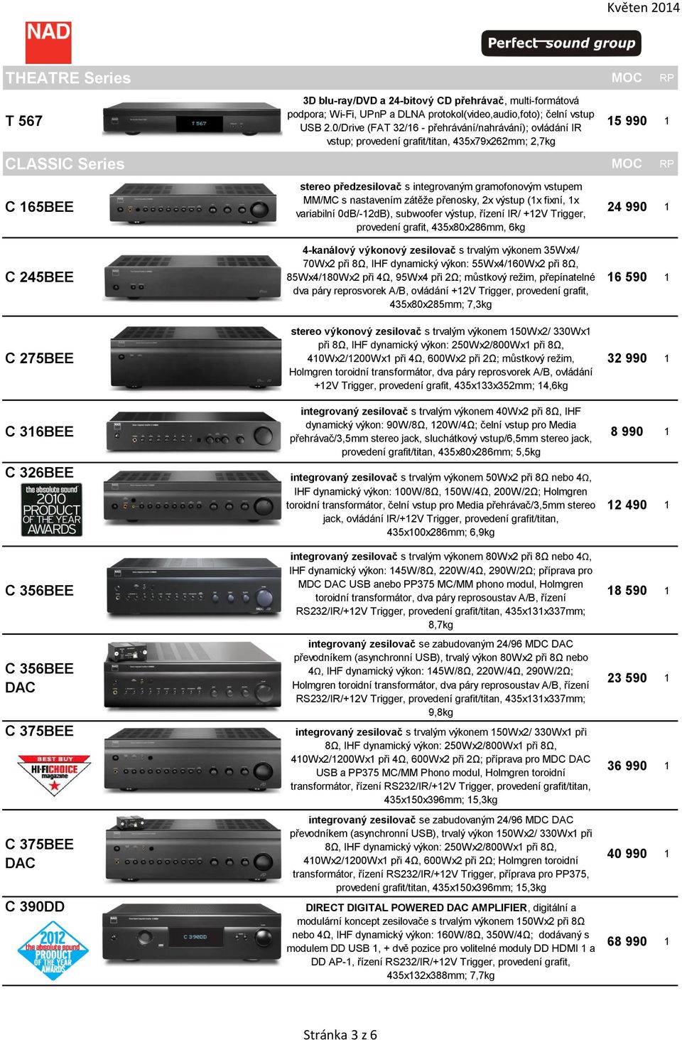 vstupem MM/MC s nastavením zátěže přenosky, 2x výstup (1x fixní, 1x variabilní 0dB/-12dB), subwoofer výstup, řízení IR/ +12V Trigger, provedení grafit, 435x80x286mm, 6kg 24 990 1 C 245BEE C 275BEE C