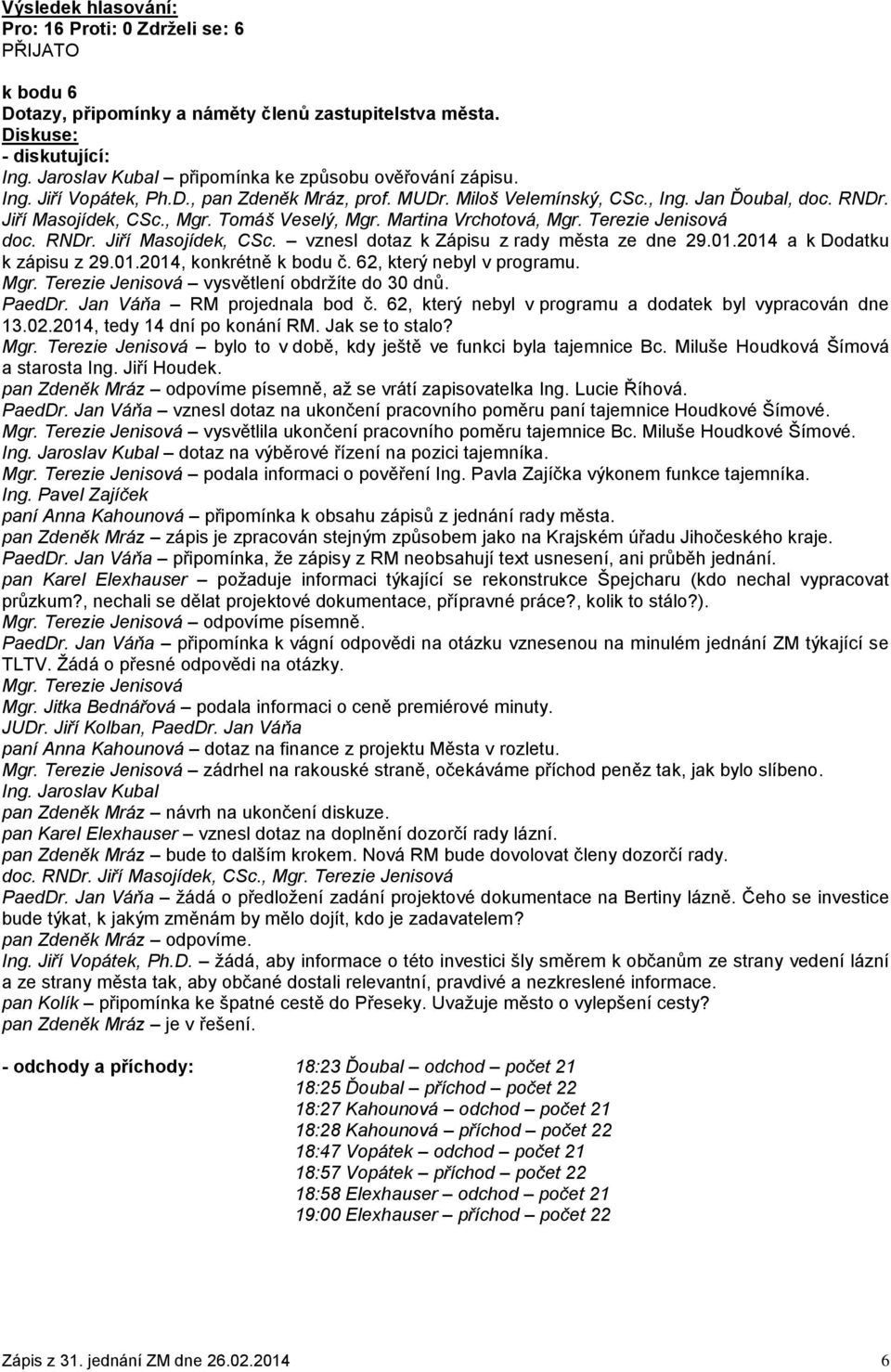 01.2014 a k Dodatku k zápisu z 29.01.2014, konkrétně k bodu č. 62, který nebyl v programu. Mgr. Terezie Jenisová vysvětlení obdržíte do 30 dnů. PaedDr. Jan Váňa RM projednala bod č.