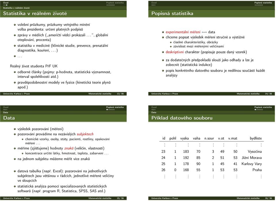 .. Reálný život studenta PřF UK odborné články (pojmy: p-hodnota, statistická významnost, interval spolehlivosti atd.) pravděpodobnostní modely ve fyzice (kinetická teorie plynů apod.