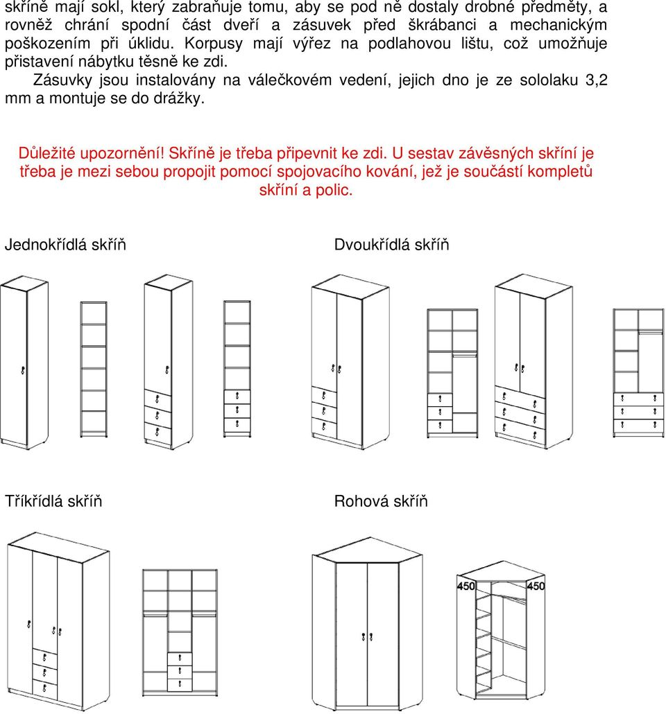 Zásuvky jsou instalovány na válečkovém vedení, jejich dno je ze sololaku 3,2 mm a montuje se do drážky. Důležité upozornění!