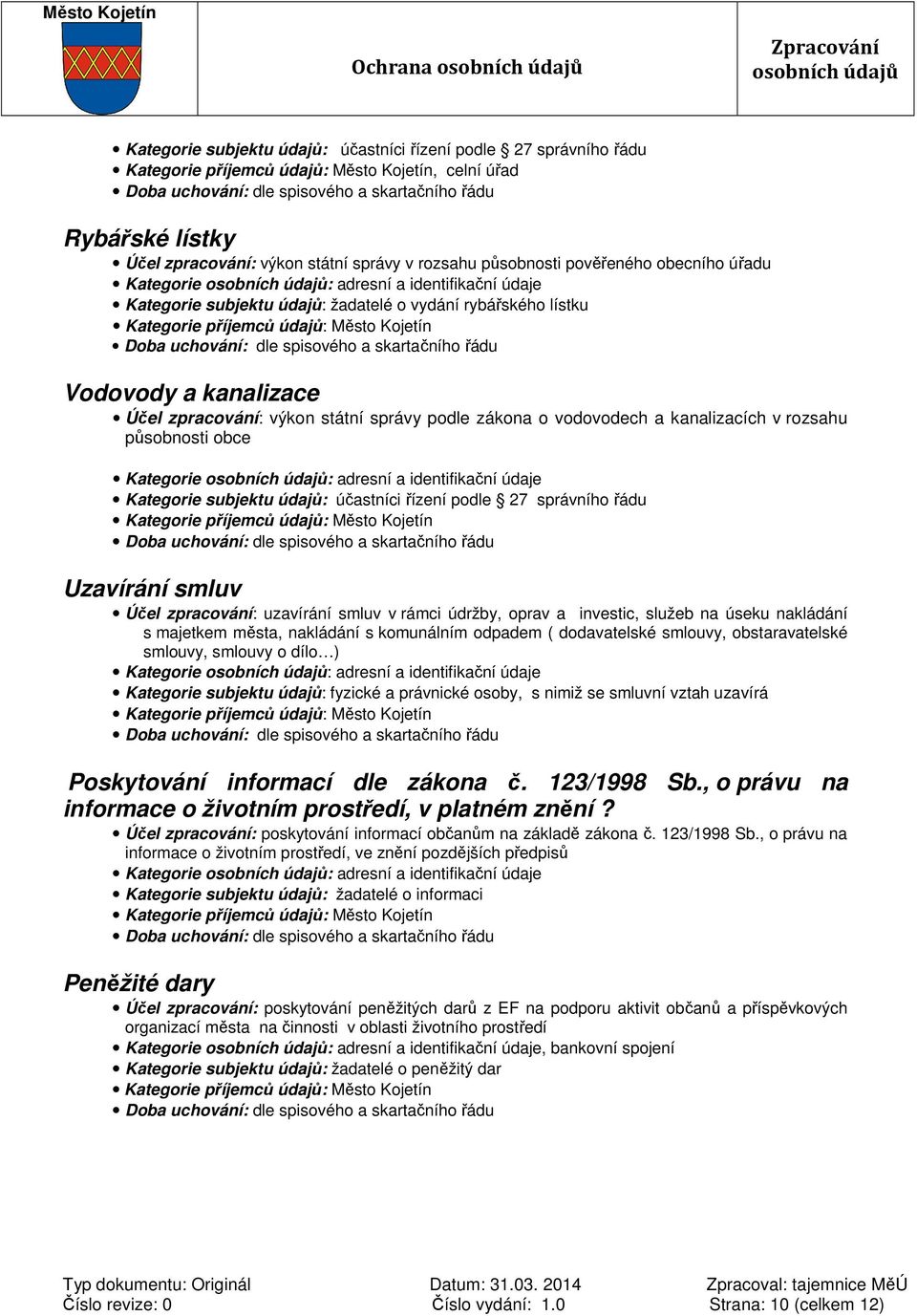 služeb na úseku nakládání s majetkem města, nakládání s komunálním odpadem ( dodavatelské smlouvy, obstaravatelské smlouvy, smlouvy o dílo ) Kategorie subjektu údajů: fyzické a právnické osoby, s