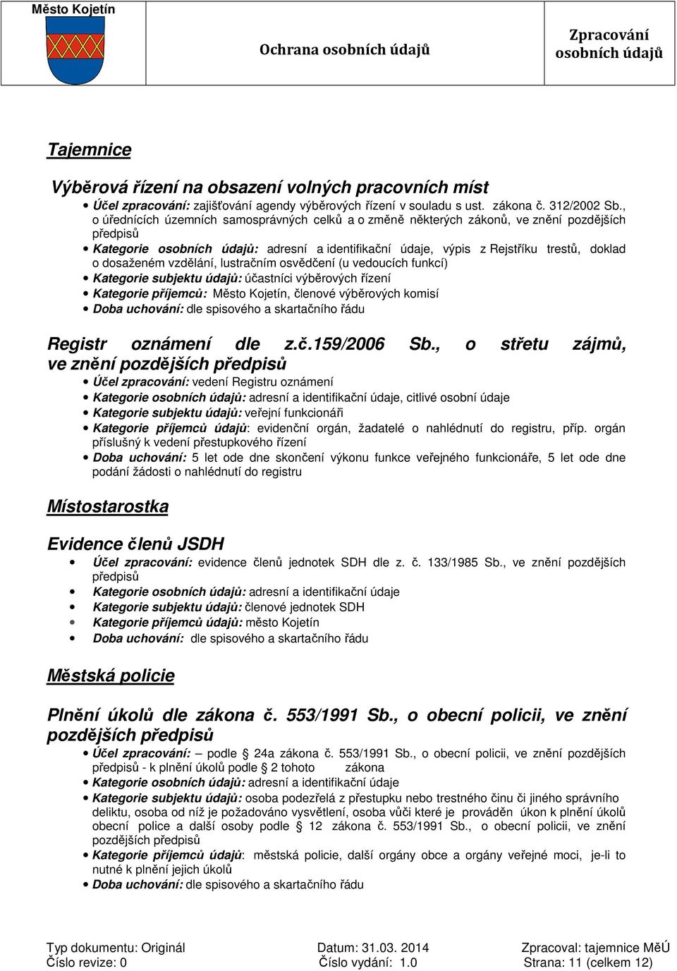 Kategorie subjektu údajů: účastníci výběrových řízení Kategorie příjemců: Město Kojetín, členové výběrových komisí Registr oznámení dle z.č.159/2006 Sb.