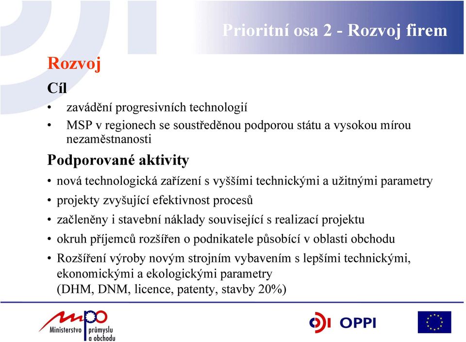 procesů začleněny i stavební náklady související s realizací projektu okruh příjemců rozšířen o podnikatele působící v oblasti obchodu