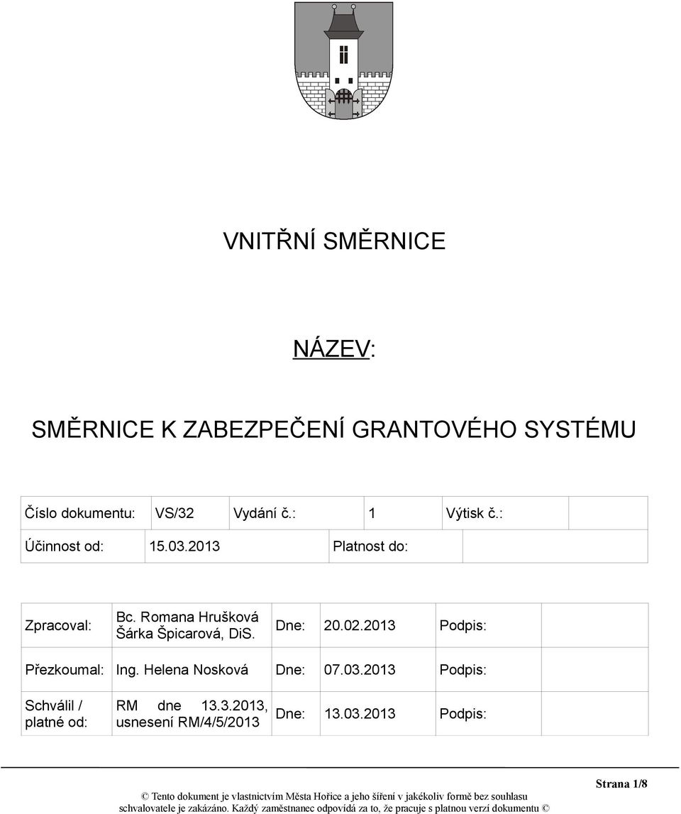 Romana Hrušková Šárka Špicarová, DiS. Dne: 20.02.2013 Podpis: Přezkoumal: Ing.